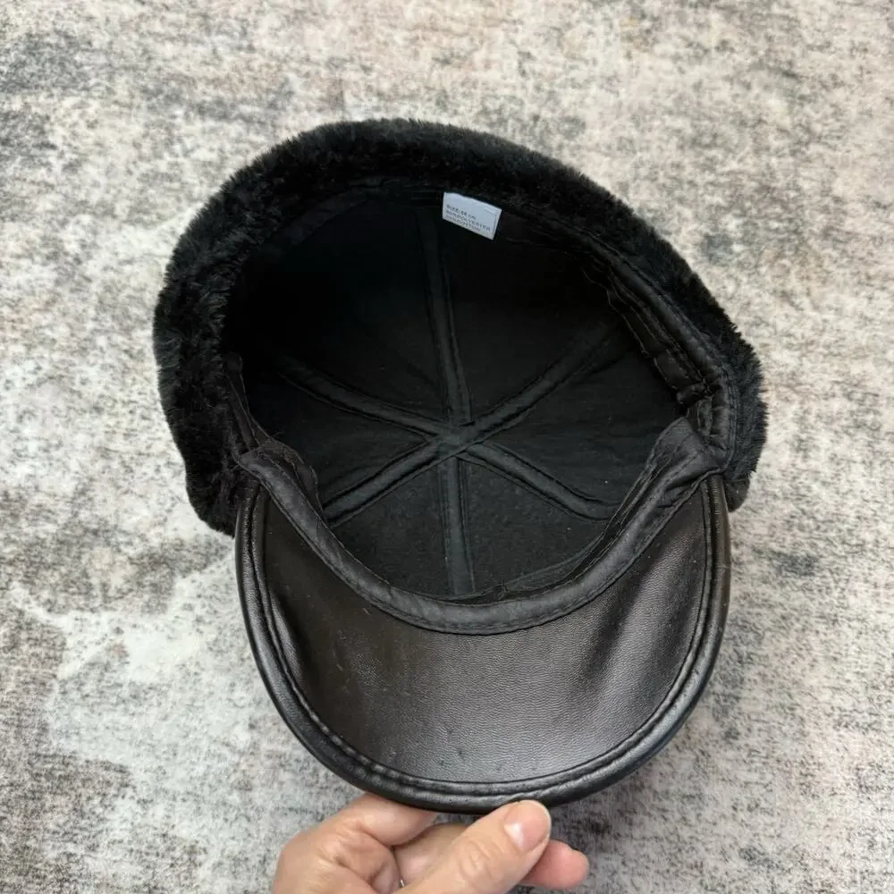 Faux Leather Faux Fur Trapper Aviator Hat Black Warm Winter Hat with Ear Flaps